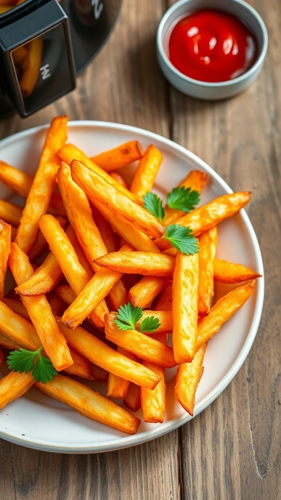 Crispy Air Fryer French Fries Recipe Crispy air fryer French fries on a plate, garnished with parsley, served with ketchup.